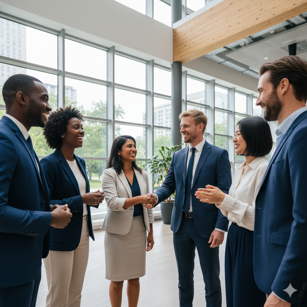 Diverse group of professionals with two shaking hands